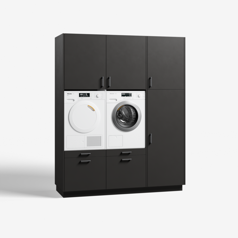 Moderne 'flush' wasmachinekast in 'metallic black' met 'ara zwart matte' handgrepen, met geïntegreerde wasmachine en droger.