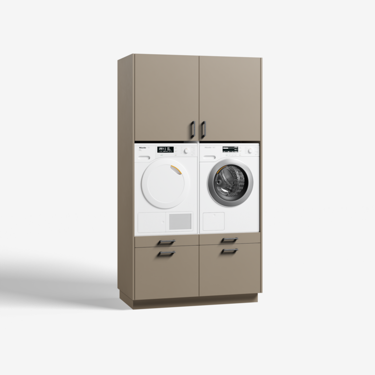 Moderne 'straight' wasmachinekast in 'beige grijs' met 'ara zwart matte' handgrepen, voor geïntegreerde wasmachine en droger.