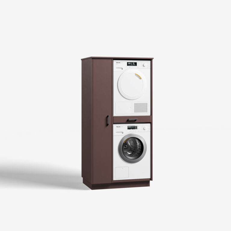 Bruine linkerhandkast met geïntegreerde witte wasmachine en droger boven elkaar.