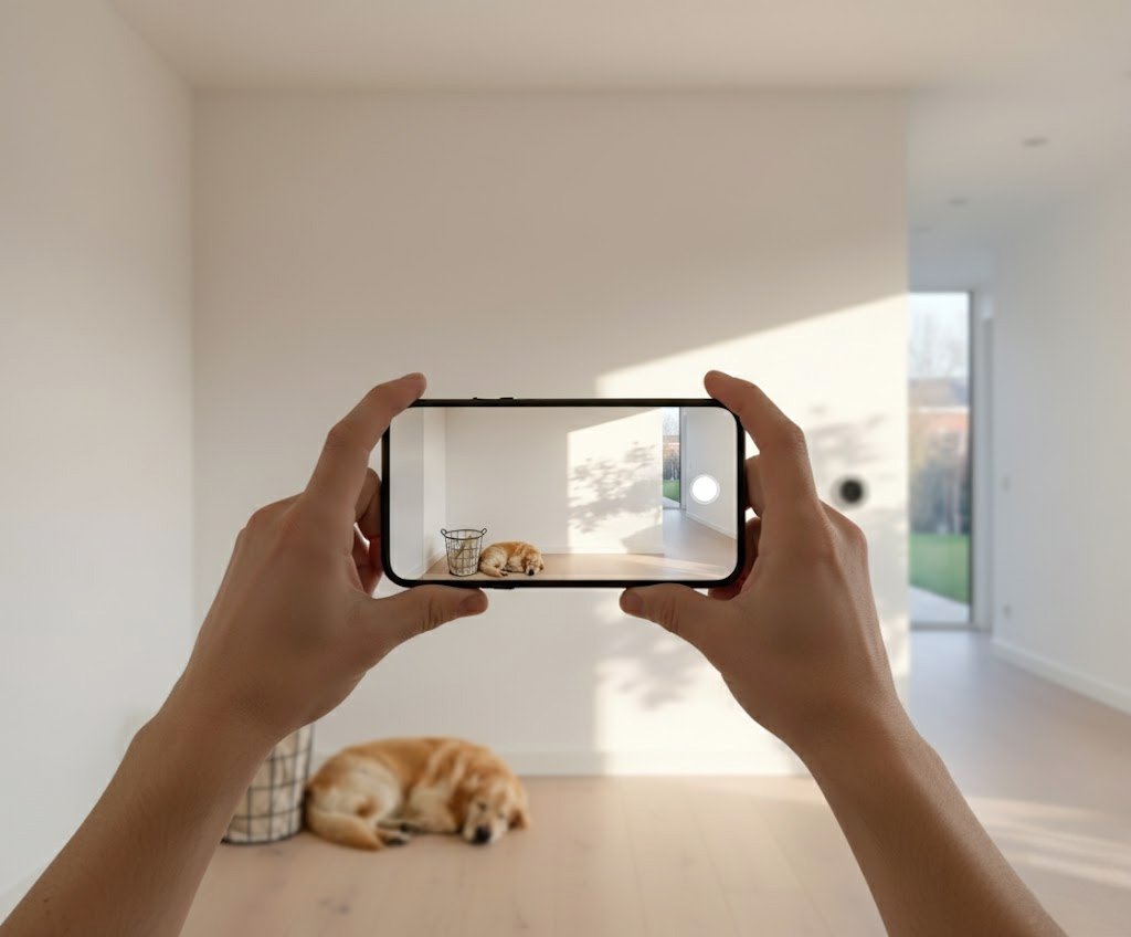 Een persoon houdt een smartphone vast waarop de lege muur uit de eerste afbeelding zichtbaar is via de camera. Op de grond ligt opnieuw de slapende golden retriever. De foto illustreert hoe de ruimte via augmented reality wordt bekeken of gemeten.