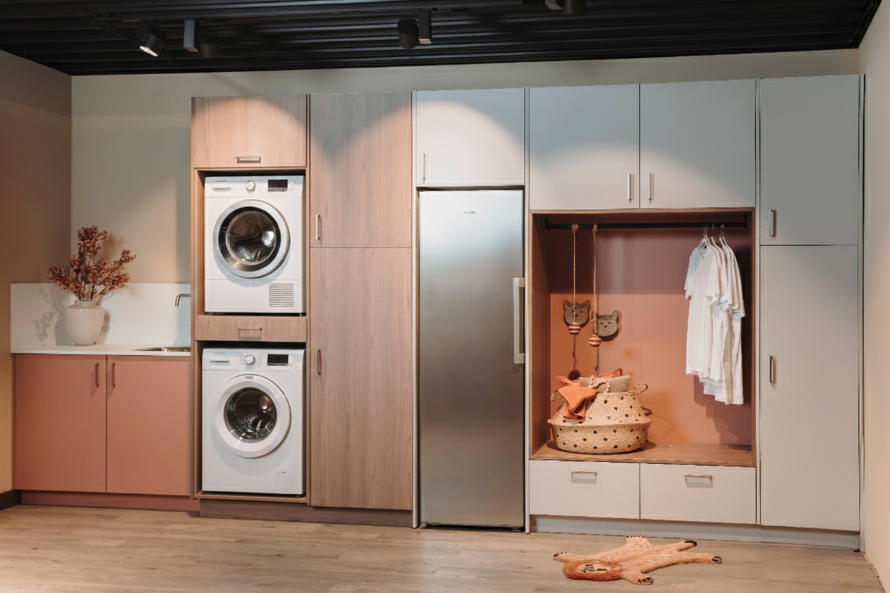 Wasmachinekast maatwerk met een wasmachine en droger boven elkaar